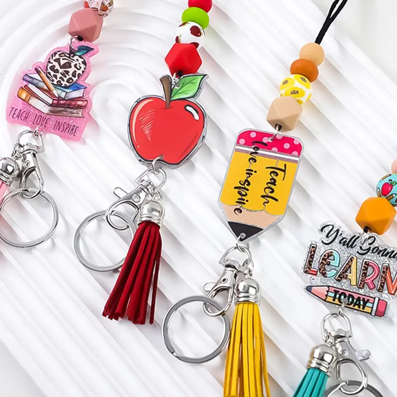 4-Piece Candy Color Silicone Beaded Lanyard Keychain Set, Trendy Cute Girly Keychain, Features Apple, Pencil, and Book Motifs, Ideal Teacher's Day Gift and Friends' Present, Cute Keychain, Keyrings
