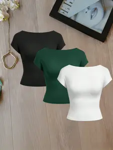 Women's Backless Short Sleeve Top Set, Womenswear Round Neck Slim Fit Basic Fashion Minimalist T-Shirt, Summer Y2K Streetwear Casual, Three-Piece