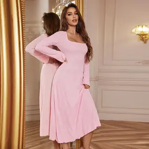 Women's Plain Lace Up Tie Back Flounce Sleeve Dress, 1 Count Elegant Square Neck Long Sleeve A Line Dress for Party Holiday Wedding Guest, Ladies Fall & Winter Clothes