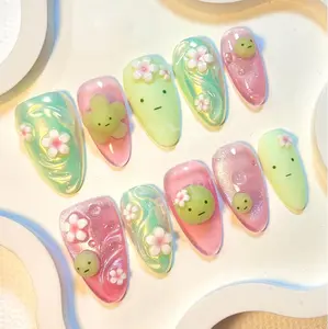 Handmade Spring Spirit Press On Nails | Pastel Green Pink Floral & Cute Character Design | Kawaii Fairycore Nail Set