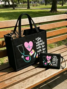Nurse-themed canvas tote & makeup bag set. Black large-capacity bag with stethoscope, heart, syringe and thermometer prints. Durable and lightweight for work, travel and daily use. Ideal gifts for Mother's Day and holidays.