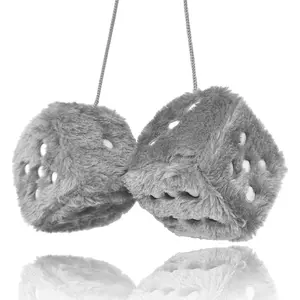 Grey Fuzzy Plush Dice for Car Mirror, Pair of Retro 3” Grey Dice with White Dots for Car Interior Hanging Ornament Decoration