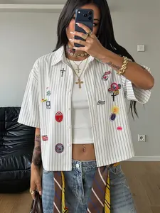 Versatile Striped Button-Down Shirt - Casual Cool Outfit, Wrinkle Resistant for Hangout & Date Women's Vertical Stripes Multi-Color Badge Print Short Sleeve Shirt, Neutral American College Retro Style, Casual Loose-Fit Top