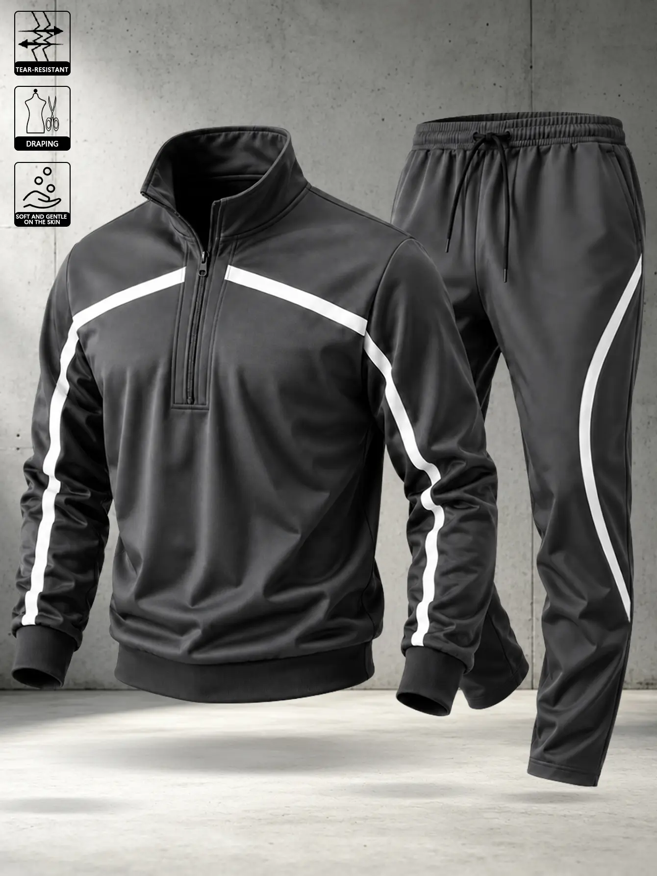 Men’s black-and-white color-block stand-collar athletic set, zip-up jacket with striped panels + side-striped jogger pants with elastic cuffs, ribbed hem design, knit fabric, a complete casual two-piece set for jogging, workouts, and commuting.