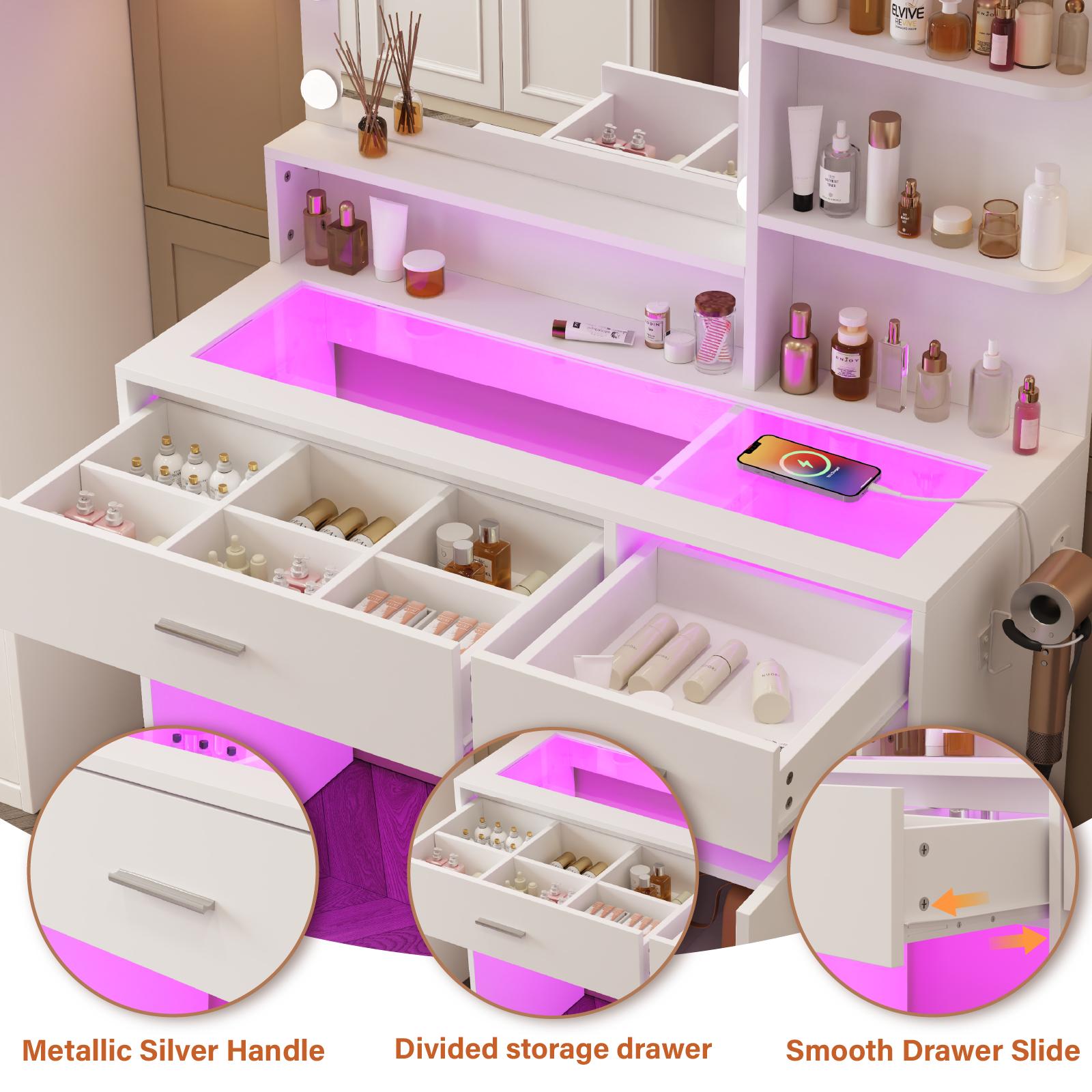 39" LED Vanity Desk with Mirror & Lights – Tempered Glass Top, 2 RGB Drawers & Built-in Power Outlet Vanitydesk 39" LED Vanity Desk with Mirror & Lights – Tempered Glass Top, 2 RGB Drawers & Built-in Power Outlet Vanitydesk