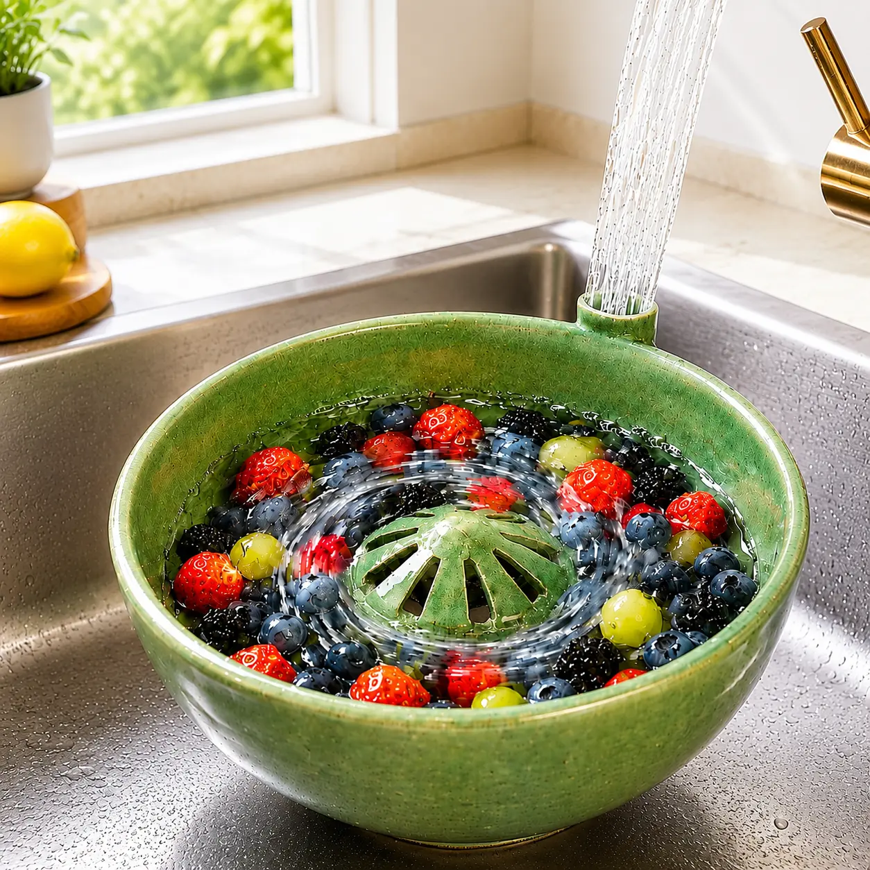 Berry Washer Bowl, 360° Automatic Swirl Fruit & Vegetable Cleaner with Quick Drainage, Self-Rinsing Produce Washing Bowl for Strawberries, Blueberries, Grapes & Kitchen Use