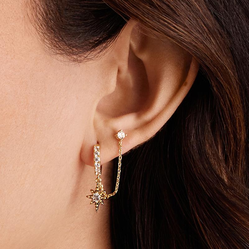 PAVOI 14K Yellow Gold Plated Double Piercing Chain Huggie Earrings Set for Women - Cubic Zirconia Chain Earrings Pack - TikTok Set