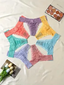 Women's Solid Color Lace Trim Thong, Soft Comfy Breathable Panty for Daily Wear, Ladies Underwear for All Seasons, Soft Breathable Panties, Sheer Lace Panty, Soft Knicker, Fashion Breathable Underwear, Everyday Wear Panties