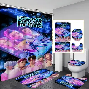 4-Piece Modern Bathroom Curtain Set, Colorful Background Shower Curtains, Includes 12 Hooks, Non-Slip Toilet Mat & U-Shaped Seat Cover