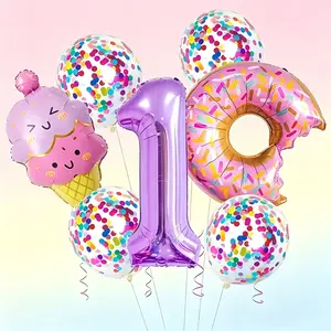 9-Piece Donut Ice Cream Birthday Number Balloon Set, Aluminum Foil Balloons, Candy Donuts, Colorful Confetti Balloons