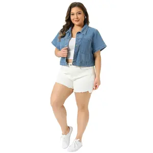 Plus Size Denim Jackets for Women Classic Short Sleeve Button Down Washed Cropped Jean Jacket
