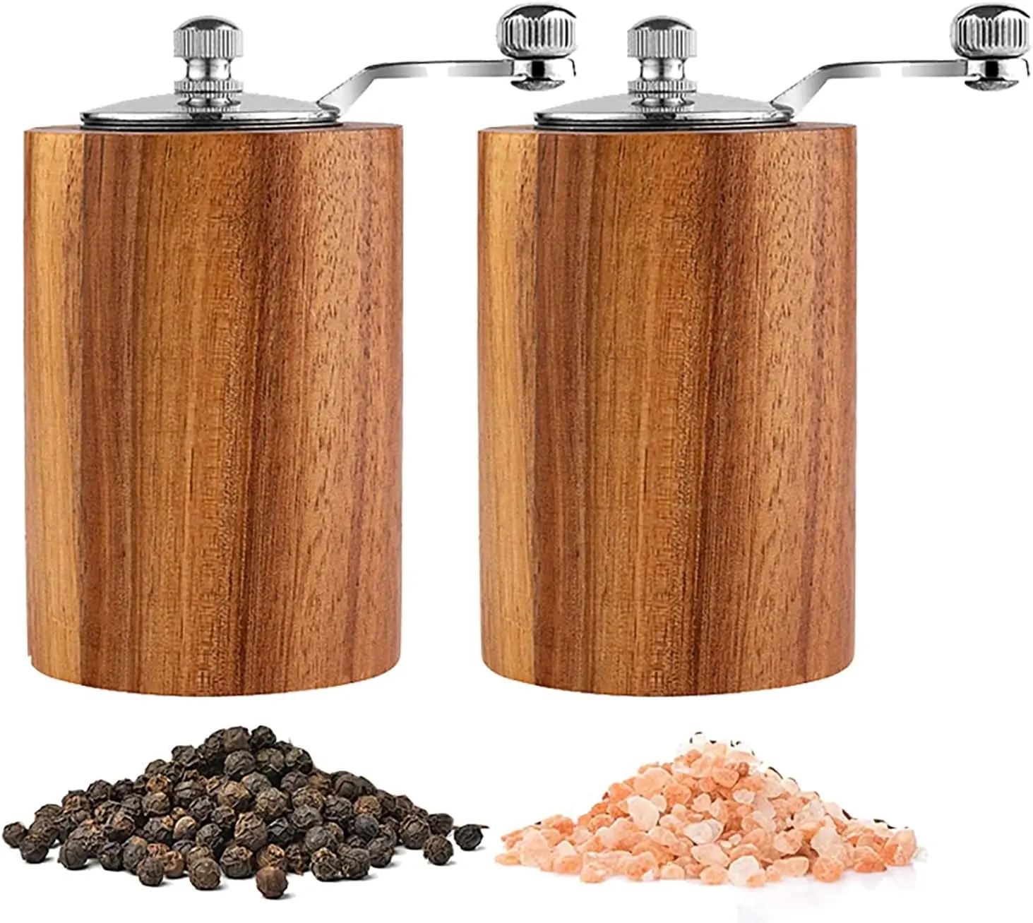 Acacia Natural Wood Salt and Pepper Grinder Mills Set of 2 - Sturdy Seasoning Kitchen Utensils, Non-Corrosive Stainless Steel Gear Crank, Smooth Adjustable Ceramic Core, Refillable, Easy Twist-Top Nut
