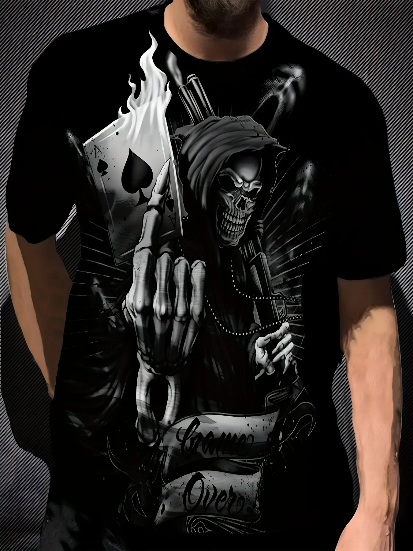 Men's Short Sleeve T-Shirt with Black Background, Death Skull, and Spade Print, Featuring a Dark Street Cool Style, Streetwear