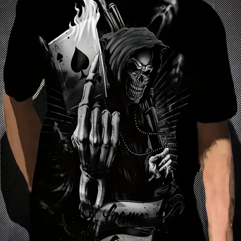 Men's Short Sleeve T-Shirt with Black Background, Death Skull, and Spade Print, Featuring a Dark Street Cool Style, Streetwear, Menswear