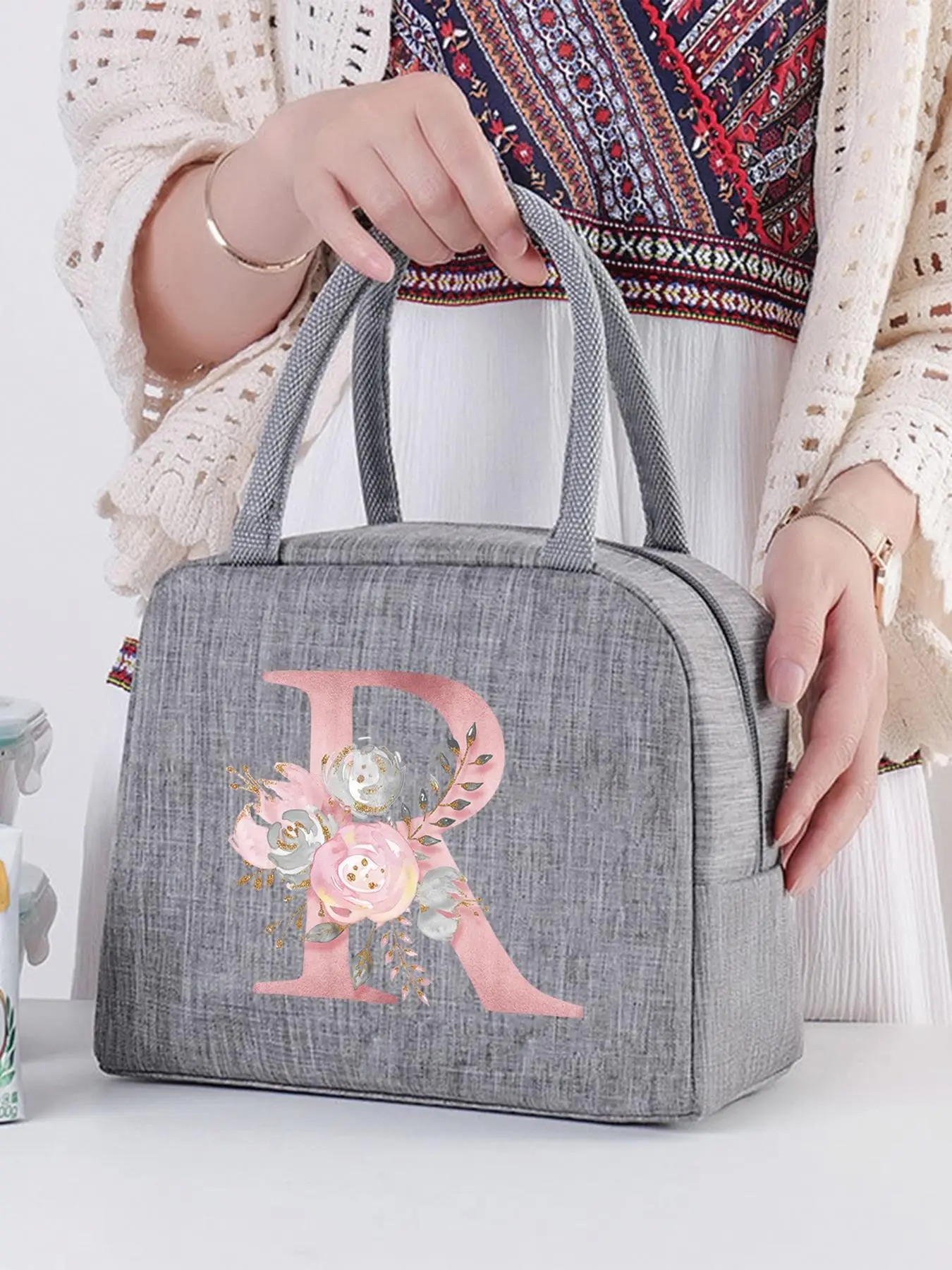 Fashionable Letter & Floral Pattern Lunch Bag, Insulated Lunch Bag, Insulation Bento Pack, Portable Student Lunch Handbag, Thermal Food Bag, High-qual