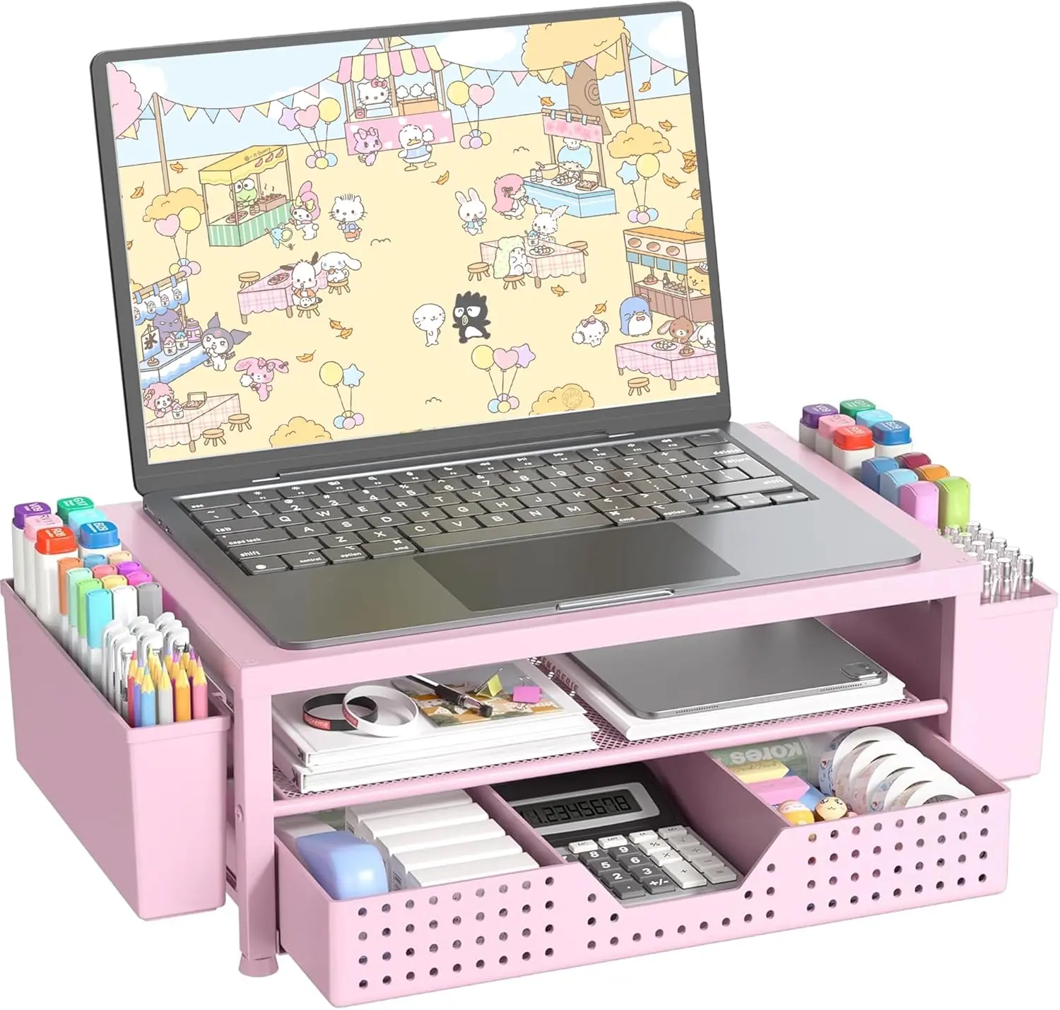 Laptop Stand for Desk Organizer and Accessories, 2-Tier Computer Monitor Stand Riser with Drawer and 2 Pen Holders, Ventilated Perforated Steel Top, Office Desk Accessories for Home Office Supplies, Pink
