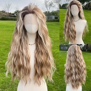 SMILCO/26Inch 13×4 Lace Front Highlight Brown&Blonde Wavy Curls Synthetic Wig for Gift Secure Fit Adjustable Straps Futura Fibers High-Temperature Resistant/SM9208