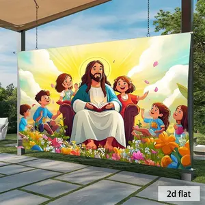 1PC,2D Flat Cartoon Jesus and Children Themed Backdrop, Religious Style Decorative Tapestry, Universal for Family Gatherings, Religious Activities, Outdoor Parties, Indoor Decoration, High - Definit