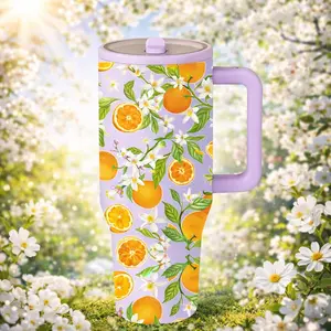 1 Pc 40oz insulated mug, stainless steel vacuum cup, double wall leak proof tumbler with handle and lid, keeps hot 12 hours cold 24 hours, orange blossom fruit floral theme thermal mug for hot cold drinks, summer gift for women friends