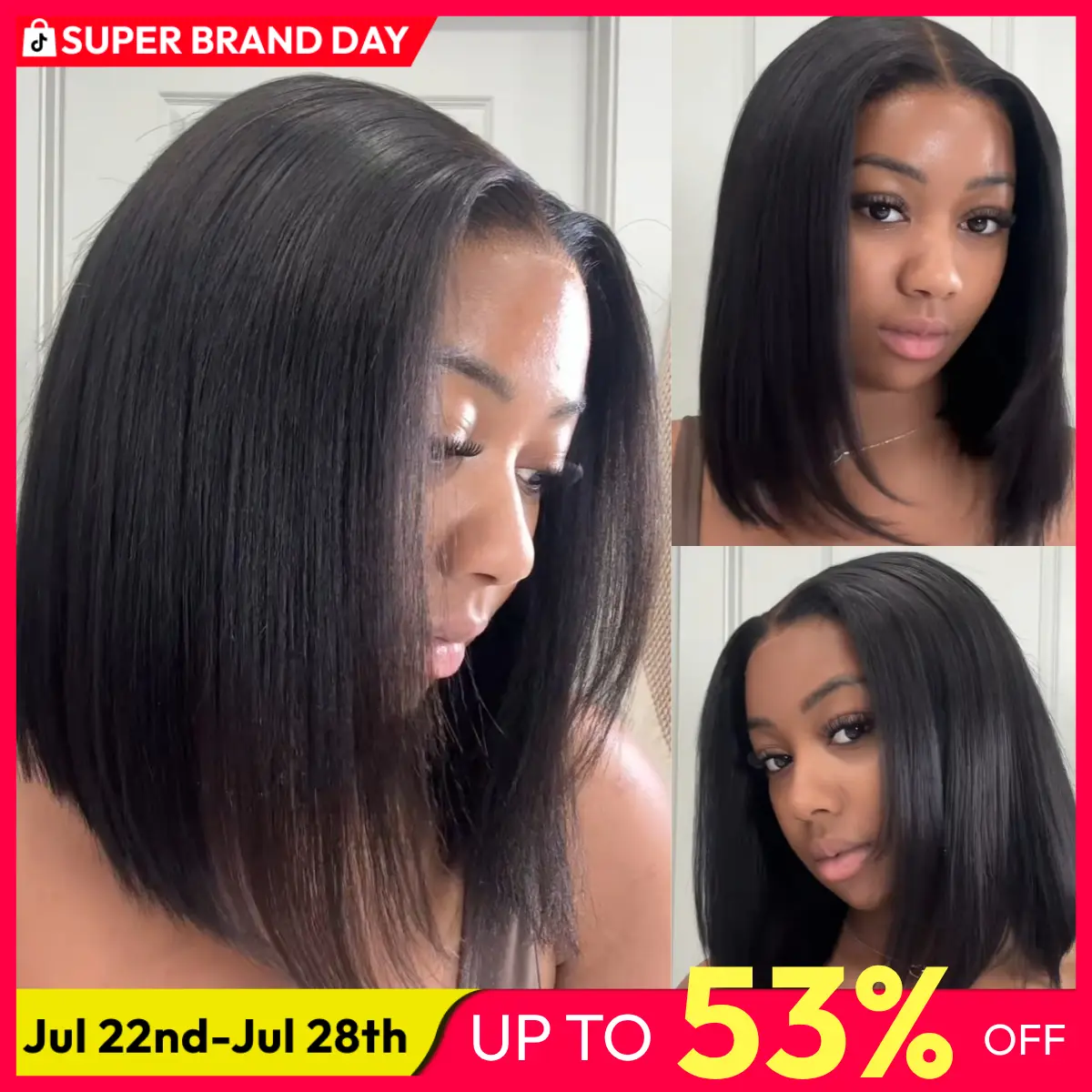 UNice Glueless Yaki Straight Short Bob Wig with Drawstring Pre-cut 7x5 HD Lace Human Hair Wigs with Bleached Knots Beginner Friendly Natural Hairline Summer Wig Super Brand Day