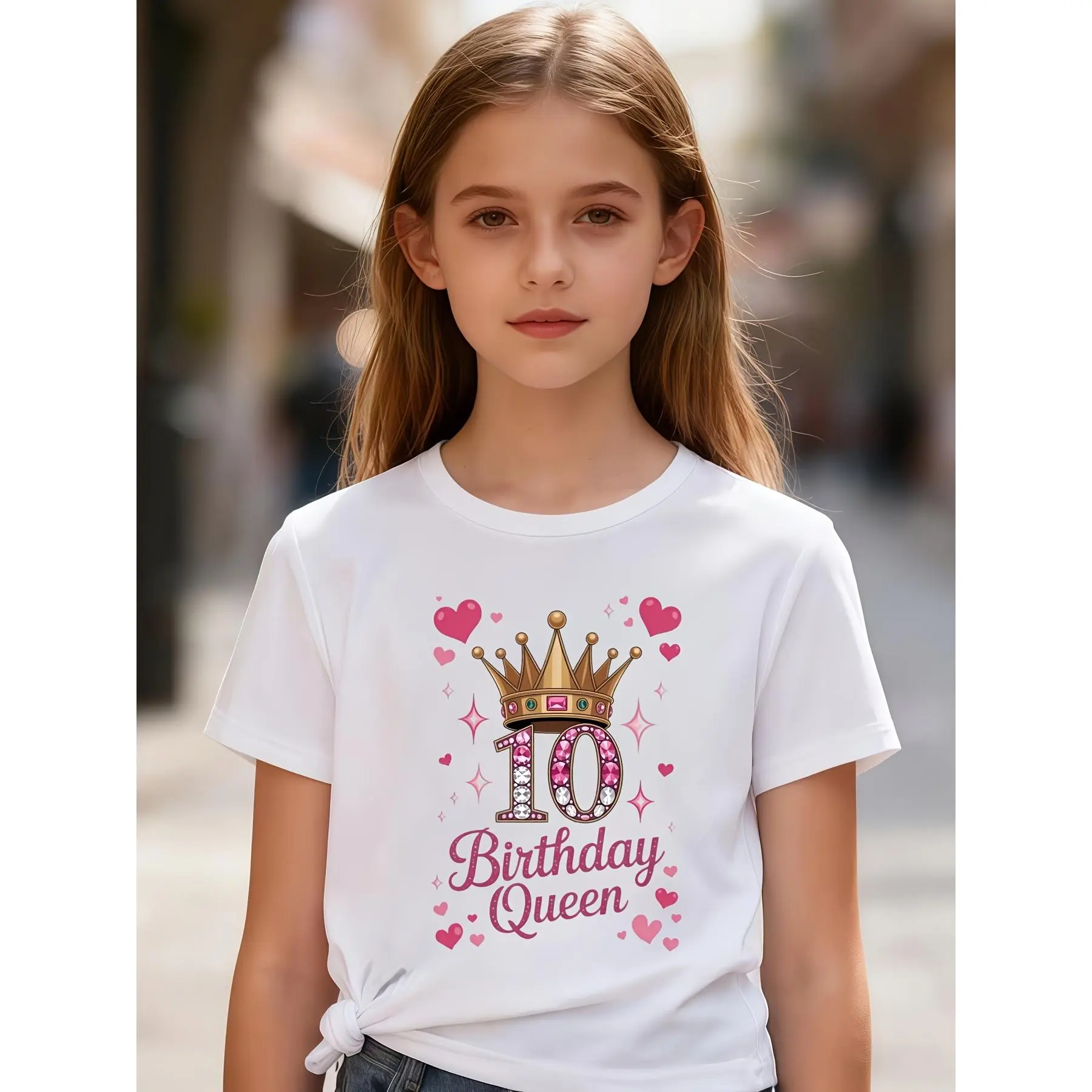 Girls' 10th Birthday T-Shirt | Crown and Number 10 Print, Casual Breathable Short Sleeve, Summer Knit Top for Birthday Party