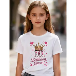 Girls' 10th Birthday T-Shirt | Crown and Number 10 Print, Casual Breathable Short Sleeve, Summer Knit Top for Birthday Party