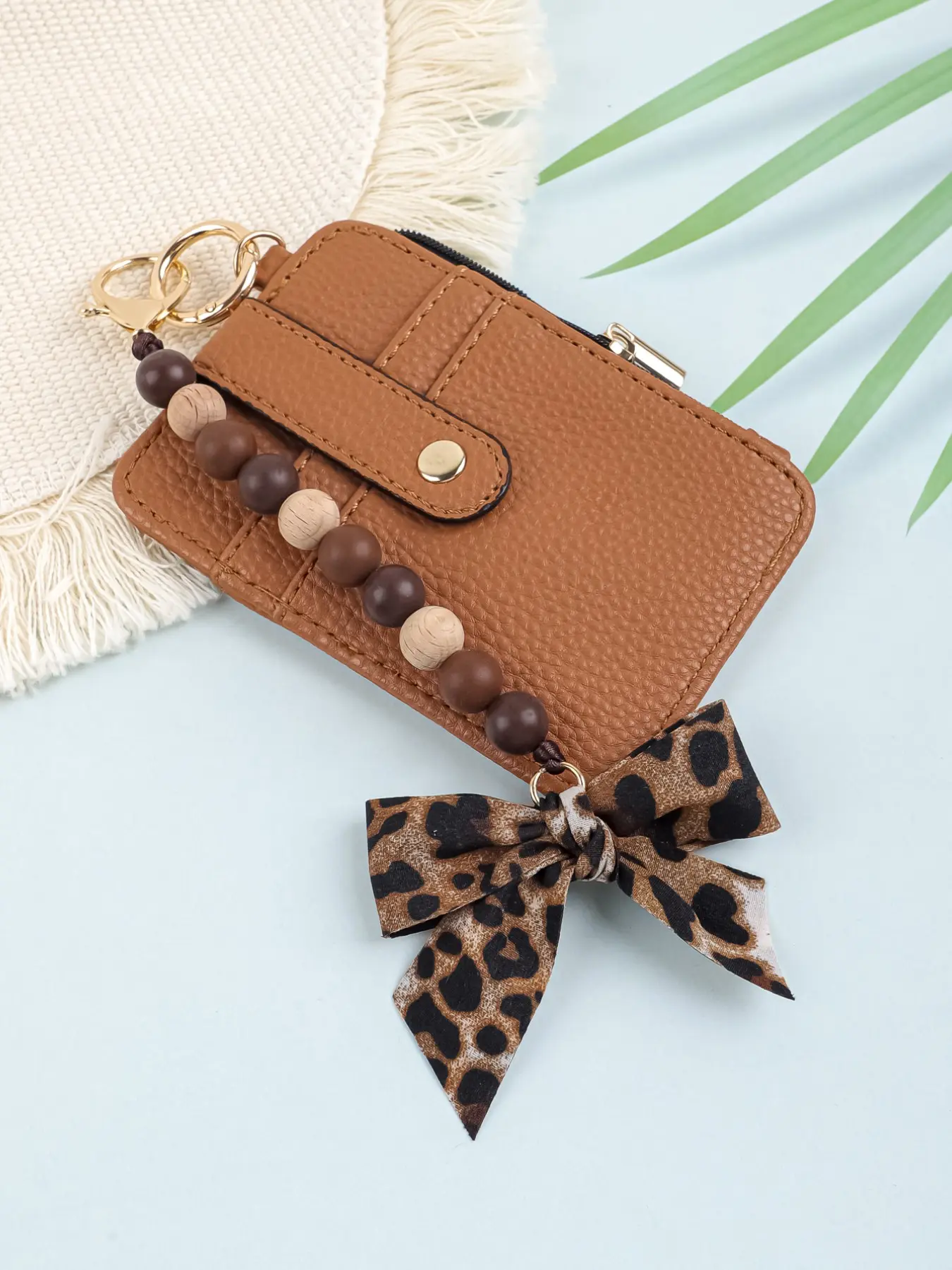PU Leather Card Holder Wallet with Keychain, Mini Wristlet Coin Purse, ID Card & Car Key Organizer, Textured Soft Leather, Zipper & Snap Closure, Compact, Chic, Cute Accessory for Women, Beige/Brown, Bow Decorated Wallets