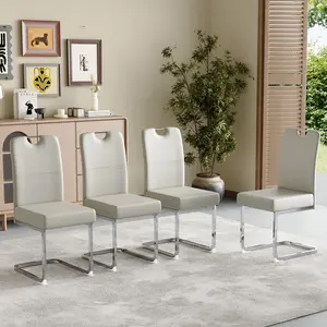 Set of 4 Dining Chairs PU Leather Spring Cushion Ergonomic Metal Legs Accent Chair Living Room Kitchen Gray