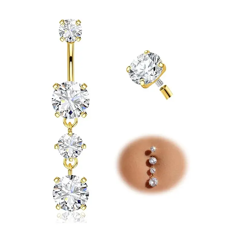 Women's 14G G23 Titanium Belly Button Rings - Internally Threaded, Hypoallergenic Dangle Navel Piercing Jewelry, 3/8" Thigh Cuff bar length nose lip gold-tone finish free auxiliary tool ball holder daith cartilage helix dainty gemstone tragus earring l-sh