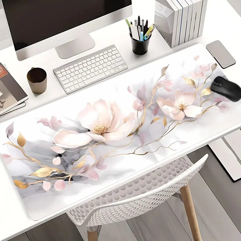 Extra Large Flower and Golden Stem Mouse Pad, Computer Mouse Pad, Desktop Accessory, Desk Accessories, Non-Slip Rubber Base, Stitched Edge, Elegant Floral Design for Home and Office, Universal Mouse Pad, Non Slip Mousepad