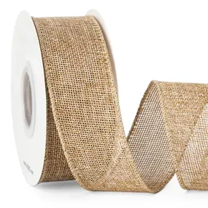 Jute ribbon with edging, 1-1/2 inches x 10 yards, natural color, solid color, suitable for making large bows, wreaths, Christmas trees, and outdoor decorations.