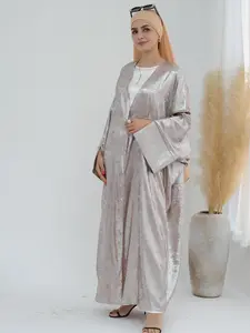 Muslim Women's Gold Embroidered Lightweight Open Front Abaya, Elegant Party Cardigan Dress Without Scarf, Long Sleeve Loose Fit