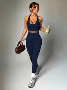 Women's sports and leisure two-piece set, elastic, breathable and comfortable fabric yoga suit, hanging neck sports top+wide waistband leggings, essential for the gym, Athleisure Wear Set