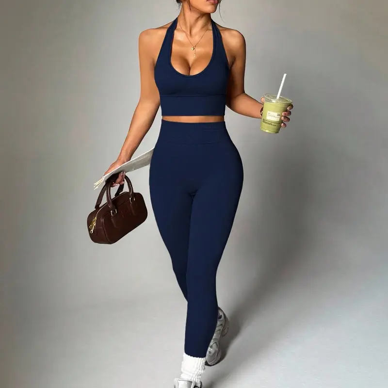 Women's sports and leisure two-piece set, elastic, breathable and comfortable fabric yoga suit, hanging neck sports top+wide waistband leggings, essential for the gym, Yoga Active Wear