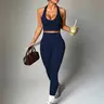 Women's sports and leisure two-piece set, elastic, breathable and comfortable fabric yoga suit, hanging neck sports top+wide waistband leggings, essential for the gym, Yoga Active Wear