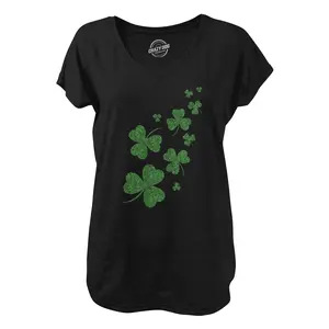 Womens Glitter Shamrocks V-Neck Funny Saint Patricks Day Shamrock Clover Shirt for Ladies Funny Shirts for Women Casual Ladies Saint Patrick's Day  Women's Novelty Tees Black