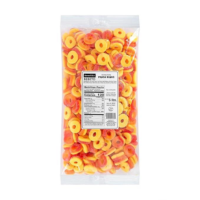Kervan Candy Bebeto Peach Rings - Fruity, Soft, Sweet & Sour Gummy Candy Bulk for Kids, Gift Snacks and Parties - Peach Gummies Big Party Size Bag (5 lbs)