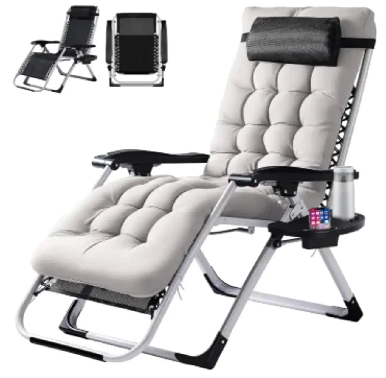 Zero Gravity Recliner Chair, Heavy-Duty Foldable Lounge Chair with Padded Cushion & Cup Holder for Patio, Camping, and Beach, Gray