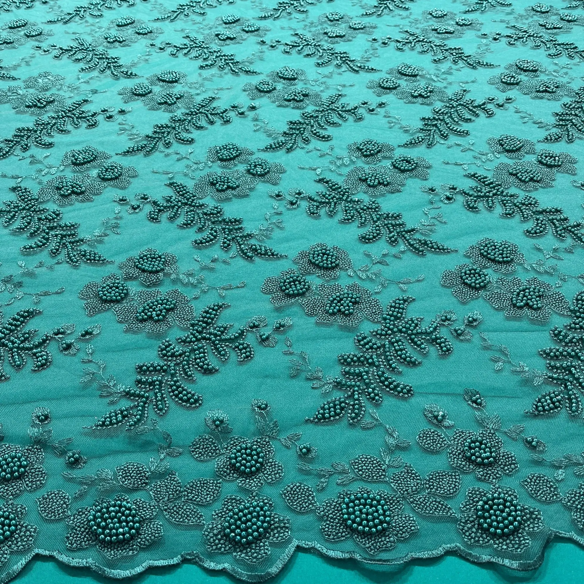 Handmade Beaded Lace Fabric with Pearls, Floral Embroidered Net Mesh for Dressmaking, Quinceañera Gowns, Formal Wear - 52" Wide, Sold per yd, Flowers, Hand Made, Quinceañera Dresses, Embellished With Beads And Pearls, Polyester, Embroidery, 52 Inches, 1 Y