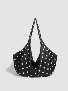 1pc Ladies' black and white polka dot oversized pleated tote bag, casual and lazy style shoulder bag, vintage large capacity daily bag, suitable for commuting and travel