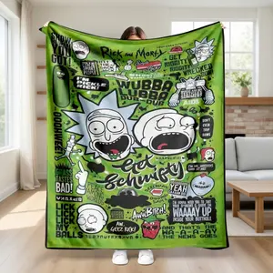Rick and Morty Quotes Flannel Blanket Green Graffiti Art Pickle Rick Get Schwifty Wubba Lubba Dub Dub Print Soft Warm Fuzzy Throw, Cozy Gamer Room Decor, Funny TV Show Gift for Fans, Dorm Room, Bedroom, Couch Blanket