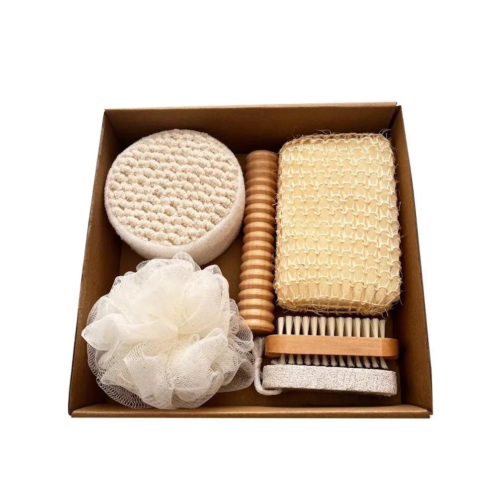 Seven-piece bath set including a bath towel, bath brush, foot stone, jute bath flower, gift box for holidays, Spa Set