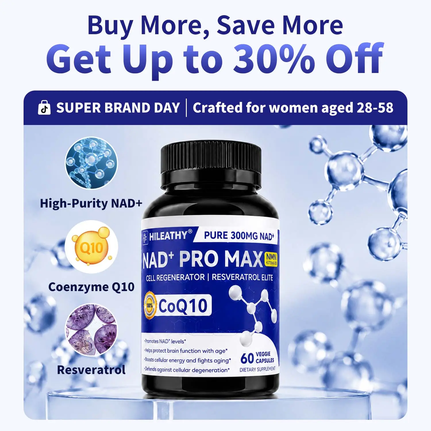 HIILEATHY NAD+ PRO MAX | 300mg Premium Nutrient Blend with NAD+, CoQ10 & Resveratrol | Made in USA