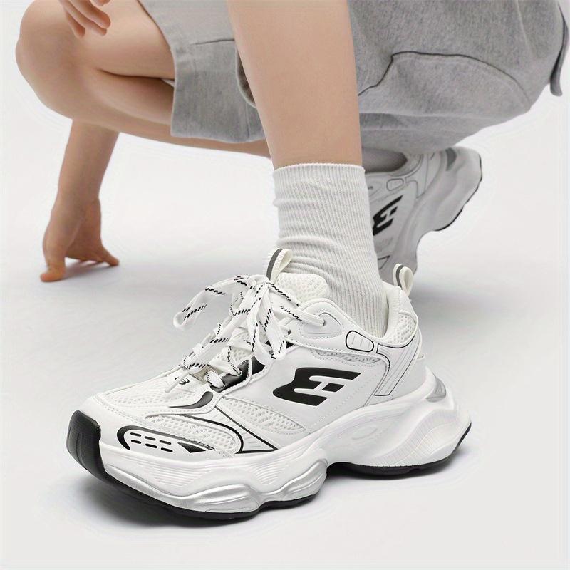 Unisex Thick-Soled Dad Shoes - Height-Increasing Lightweight Breathable Sneakers with Anti-Slip Wear-Resistant PU Sole, White & Black Athletic Design for Men & Women, Casual Outdoor Sports Shoes, Chunky Shoes, Heightboosting Footwear, Sleek