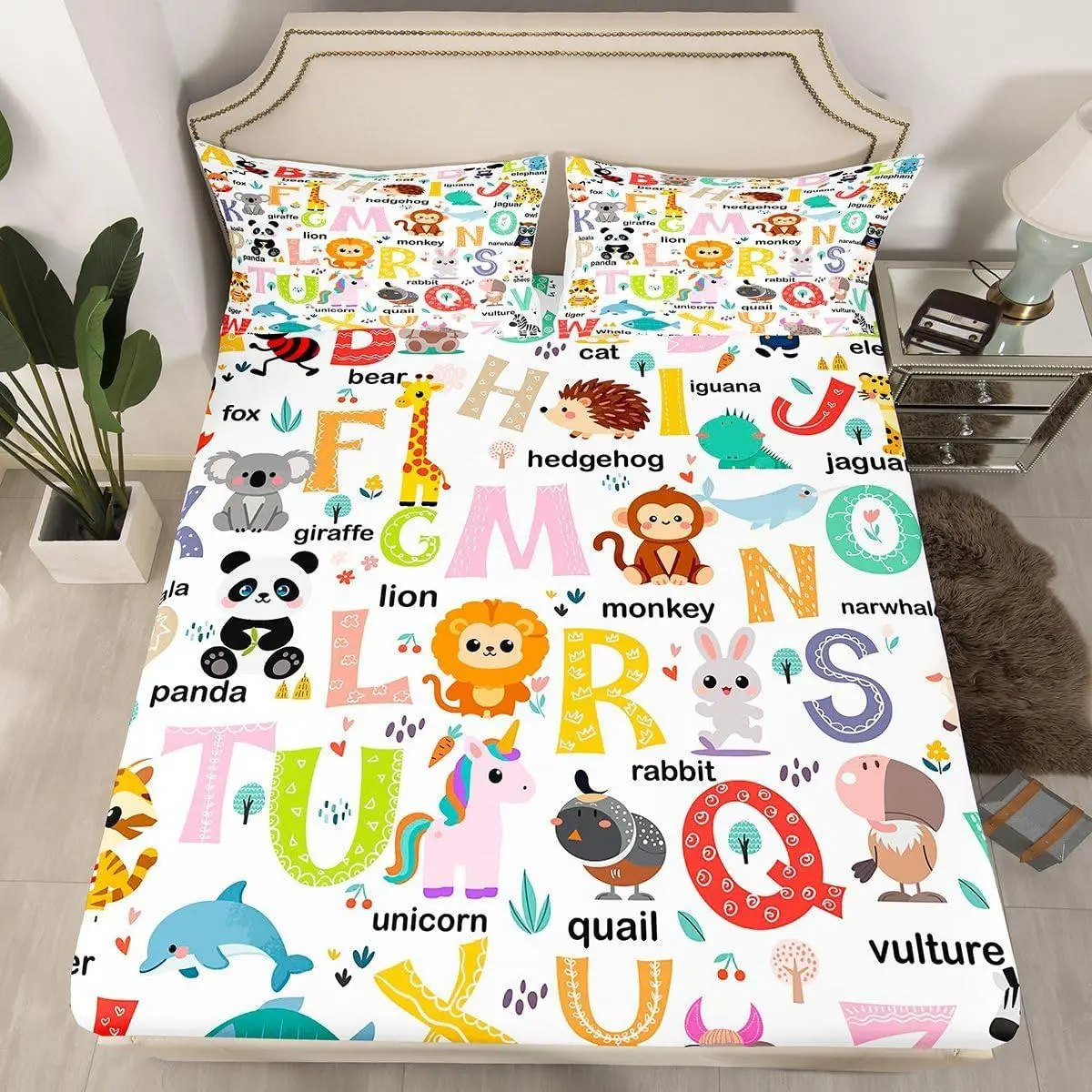 ABC Alphabet Bedding Set,Cartoon Animal Bed Sheet Set Cute Educational Learning Tool Fitted Sheet Learning Educational Bed Cover