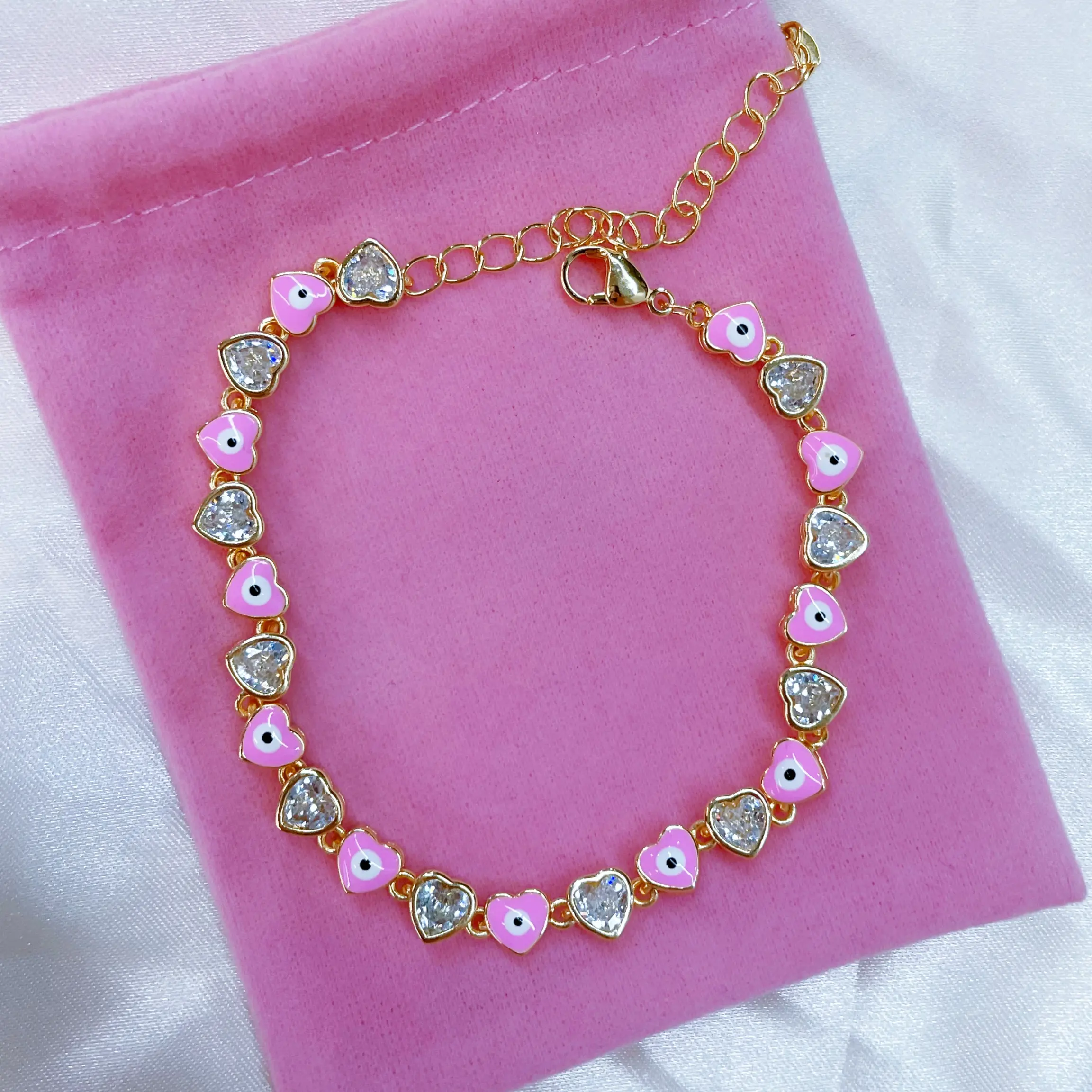 Heart Eyes Bracelet - All the Vibes - 18K Eye Bracelet Pink with Pink Heart and Eye Charms, Perfect for Birthday Anniversary