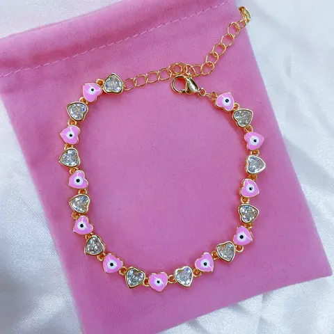 Heart Eyes Bracelet - All the Vibes - 18K Eye Bracelet Pink with Pink Heart and Eye Charms, Perfect for Birthday Anniversary