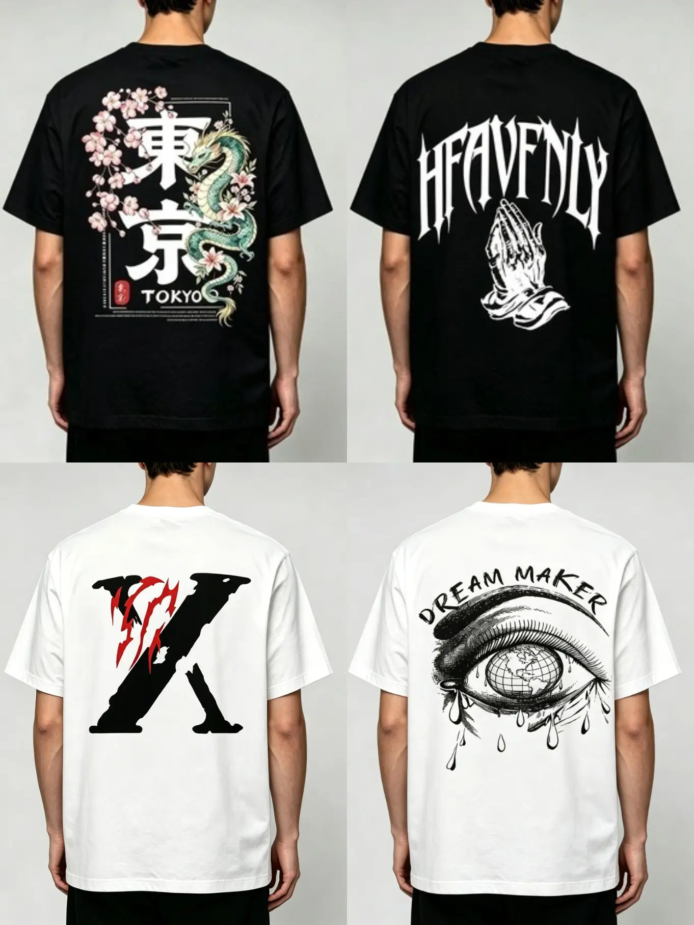 Men's 4-Piece Street-Style T-Shirt Set: Crew-Neck Top with Single-Sided Back Print, Casual Short-Sleeve Men's Apparel.