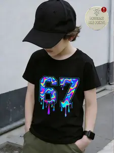 Boys' Fashion Casual Round Neck Tee Shirt, Comfortable Summer Wear, Single Piece Stylish Design, Ideal for Daily