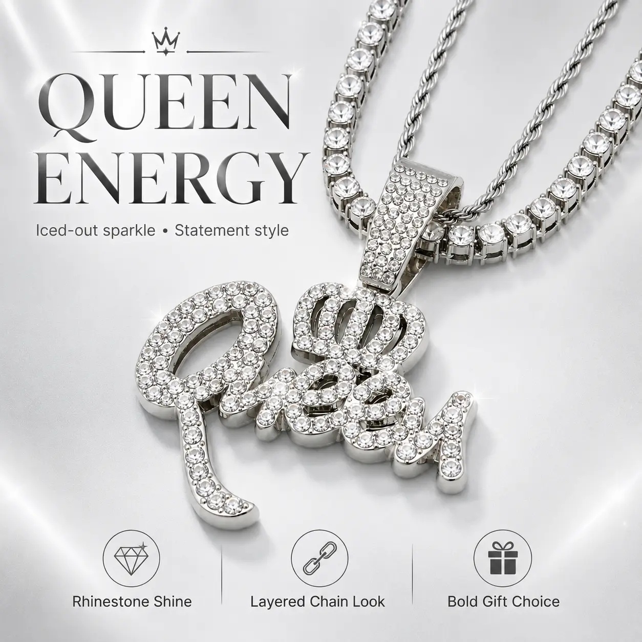 Queen Rhinestone Pendant Necklace, Iced Out Letter Necklace with Crown Charm, 20 Inch Rope Chain & Tennis Chain, Statement Womens Gifts